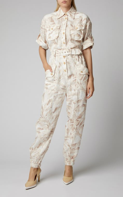 Zimmermann Belted Printed Linen Jumpsuit Zimmerman Jumpsuit, Linen Jumpsuit Outfit, Jumpsuit 2023, Suits Clothing, Black Pants Casual, Linen Jumpsuit, Fashion Figures, Uniform Design, Printed Jumpsuit