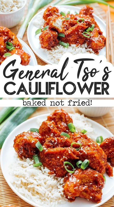 General Tso's Cauliflower, Cauliflower Baked, Sticky Sauce, General Tso, Cauliflower Recipe, Chinese Takeout, Baked Cauliflower, Healthy Dinner Recipes Chicken, Dinner Recipes Crockpot