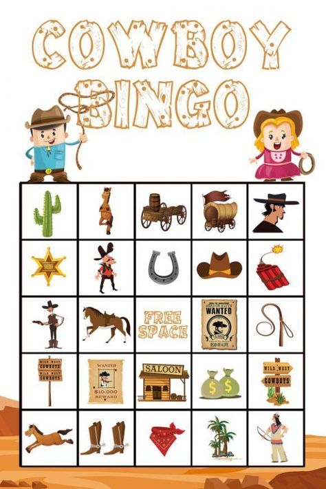 Cowboy Bingo Wild West Bingo Printable Free, Cowboy Games Western Theme, Cowboy Craft Ideas, Wild West Prek Activities, Cowboy Bingo Printable Free, Cowboy Scavenger Hunt, Western Bingo Printable Free, Wild West Themed Crafts, Horse Party Games For Kids