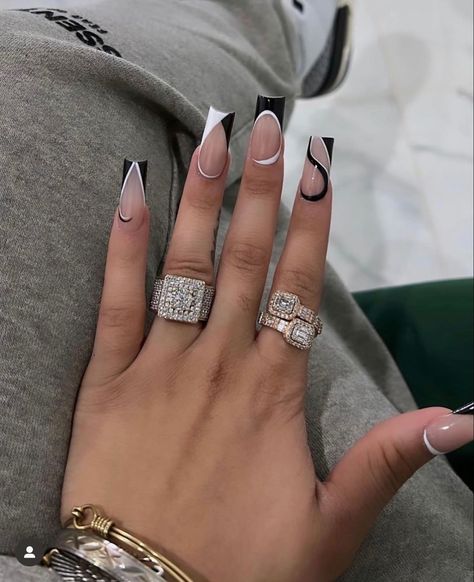 Black And White Nails, Black Acrylic Nails, Girly Acrylic Nails, Classy Acrylic Nails, Short Square Acrylic Nails, Unique Acrylic Nails, Long Square Acrylic Nails, Trendy Nail, White Nail