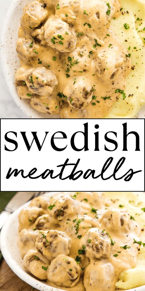 This Swedish Meatballs recipe is the perfect comfort food main dish made with a creamy, savoury sauce and served with mashed potatoes. Easy pan-fried homemade meatballs and homemade gravy - ready in under an hour! Recipe from thebusybaker.ca! #swedishmeatballs #ikeameatballs #homemademeatballs #meatballs #comfortfood #easymeal #easycomfortfood #meatballsandgravy #dinner #familymeal #familydinner via @busybakerblog Swished Meatballs, Homemade Swedish Meatball Recipe, Freezer Swedish Meatballs, Soft Meatballs Recipes, Swedish Meatballs Recipe Easy, Home Made Meatball Recipes, Meatball Gravy Recipe, Sweetish Meatballs Recipe, Swedish Meatballs Sauce