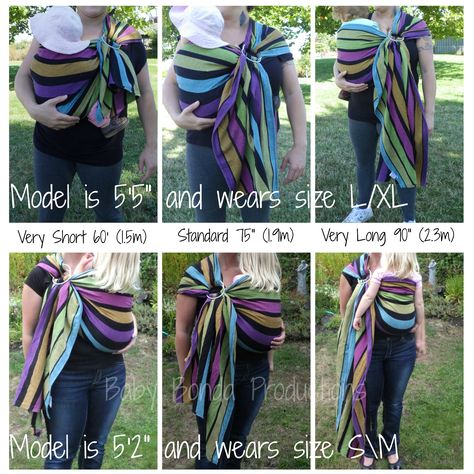 Ring sling sizes in a collage.  You can make most ring sling sizes work for most wearers  See more at www.babybondaproductions.com Baby Sling Pattern, Ring Sling Tutorial, Sling Carrier, Baby Rings, Ring Sling, Baby Sling, Woven Wrap, Sewing Fabrics, Baby Carrier