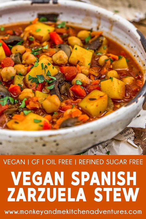 A nod to the Spanish seafood dish, this Vegan Spanish Zarzuela Stew is bursting with wholesome deliciousness and bathed in a flavorful saffron broth. #vegan #oilfree #glutenfree #plantbased | monkeyandmekitchenadventures.com Monkey And Me Kitchen Adventures, Monkey And Me, Vegan Stew, Sugar Free Vegan, Vegan Soups, Vegan Soup, Vegan Dishes, Vegan Dinners, Soups And Stews