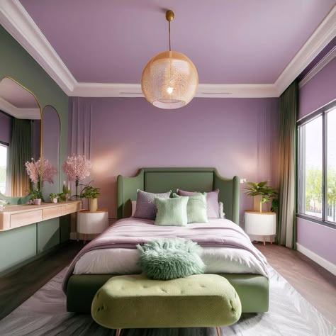 Sage And Lavender Bedroom Aesthetic, Sage Green And Lilac Bedroom Aesthetic, Sage Green And Lavender Bedroom Ideas, Purple And Green Bedroom Aesthetic, Lilac And Green Bedroom, Green And Lilac Bedroom, Lavender And Sage Bedroom, Sage And Lavender Bedroom, Girls Green Bedroom Ideas