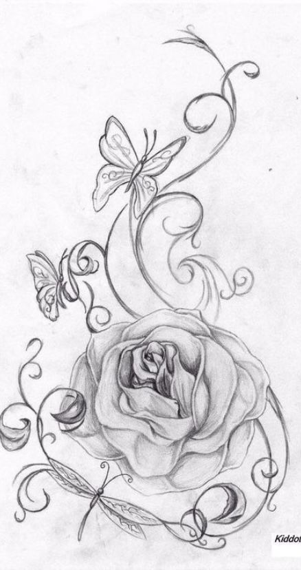 Rose And Butterfly Tattoo, Chicano Drawings, Rose Drawing, Tattoo Sketch, Trendy Tattoos, Arte Fantasy, Tattoo Design Drawings, Rose Tattoos, Book Art Drawings