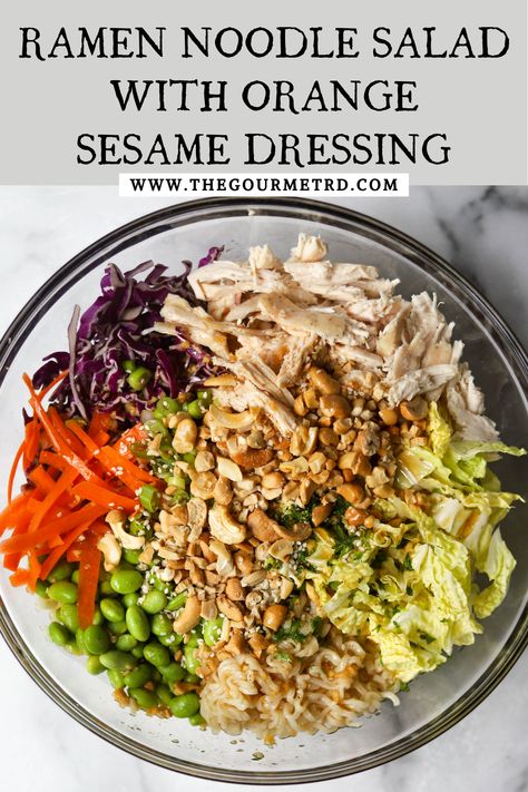 A clear bowl filled with ramen noodles, vegetables and cashews. Orange Sesame Dressing, Sesame Ginger Chicken Salad, Loaded Ramen, Best Chinese Chicken Salad, Orange Chicken Salad, Noodle Salads, Asian Salads, Noodles Salad, Noodle Hacks