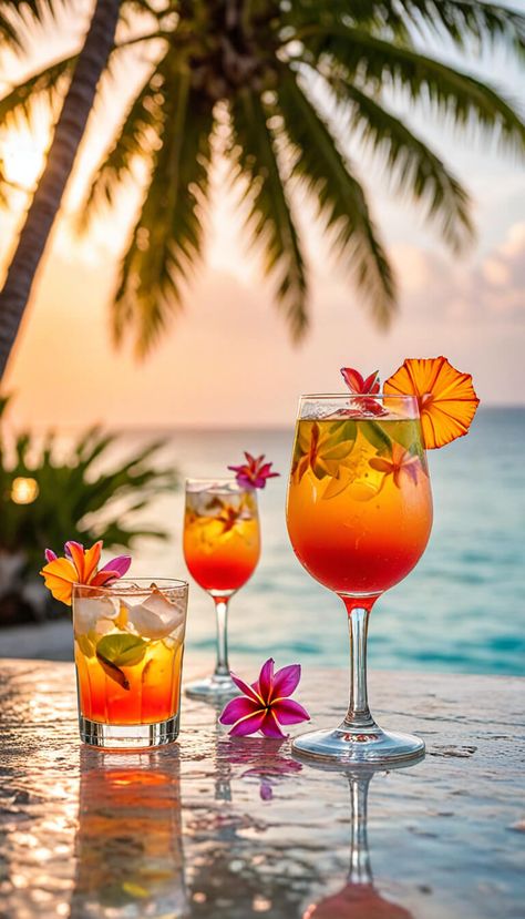 colorful tropical coctails - AI creation Tropical Sunrise Drink, Serena Thompson, Paradise Bar, Sunrise Drink, Tropical Aesthetic, Cocktail Party Food, Tropical Holiday, Starbucks Coffee Recipes, Tropical Drink