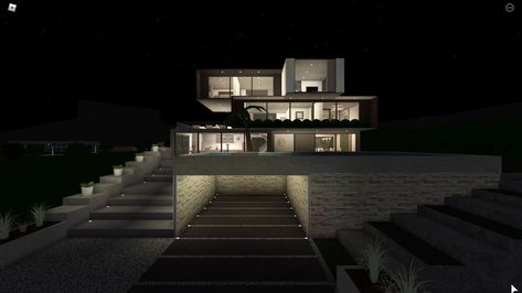 Small Modern Bloxburg House Exterior, Industrial House Exterior Bloxburg, Bloxburg Modern Garage Ideas, Bloxburg Stairs Ideas Modern, Modern Houses In Bloxburg, Underground Garage Bloxburg, Industrial Bloxburg House, Bloxburg Exterior Ideas Modern, Black Bloxburg House