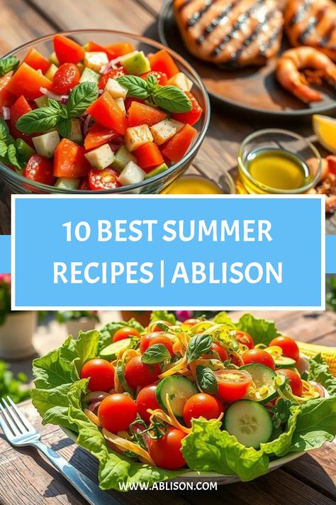 Two fresh summer salads with tomatoes, cucumbers, and basil on an outdoor table. Best Summer Recipes, Light Pasta Dishes, Chicken Chickpea, Light Pasta, Recipes Summer, Cooking Game, Summer Cooking, Ripe Tomatoes, Cooking Games