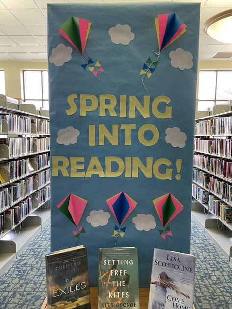 Spring Library Book Displays, Easter Library Bulletin Boards, Spring Book Fair Themes, Spring Library Bulletin Boards, March Library Displays, Easter Library Displays, Spring Library Displays, Restart Book, Bookmobile Ideas