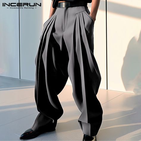 Pleated Fashion, Streetwear Korean, Mens Trousers Casual, Casual Pants Style, Trousers Men, Solid Color Pants, Men Pants, Wide Pants, Casual Trousers