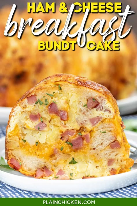 Ham & Cheese Breakfast Bundt Cake Recipe - the perfect way to start your day! Packed with ham, cheese, eggs, tater tots, and biscuits, it’s a hearty, delicious breakfast dish that’s easy to make and perfect for feeding a crowd. Serve with grits, fruit, and coffee for a complete morning meal! Ham Cheese Breakfast, Breakfast Bundt, Breakfast Bundt Cake, Bundt Pan Recipes, Easy Breakfast Casserole Recipes, Tater Tot Breakfast Casserole, Tater Tot Breakfast, Hashbrown Breakfast Casserole, Bundt Cake Recipe