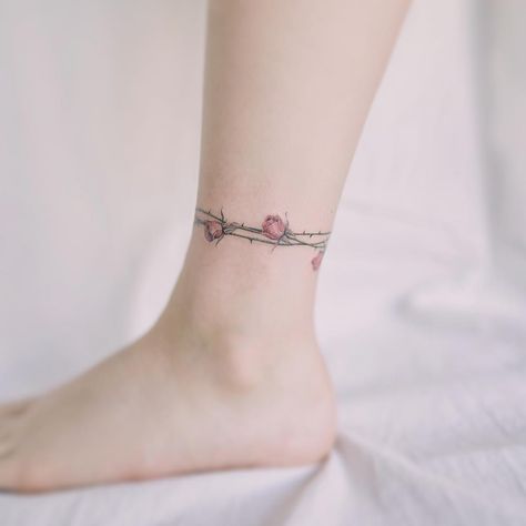 Rose with Thorns Rose With Thorns Tattoo, Rose Thorn Tattoo, Rose Bud Tattoo, Rose With Thorns, Thorns Tattoo, Ankle Band Tattoo, Rose Tattoo On Ankle, Rose Vine Tattoos, Flower Vine Tattoos