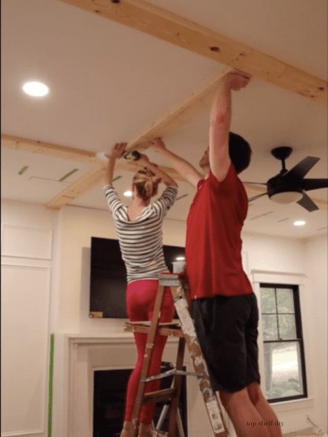 Coffered Ceiling Library, Moody Coffered Ceiling, Diy Coffered Ceiling Ideas, Beadboard Coffered Ceiling, Decorative Ceiling Beams, Rustic Coffered Ceiling Ideas, Coffered Ceiling With Fan, Stained Coffered Ceiling, Diy Ceiling Molding