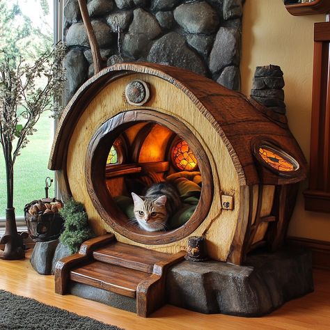 The Hobbit Home Cat Bed is a cozy, hobbit-inspired retreat for your feline friend. With its rounded design, faux grass roof, and a circular entrance, it mimics a charming hobbit house. The plush interior provides comfort, making it the perfect hideaway for your cat to curl up and relax. Hobbit Cat House Diy, Hobbit Terrarium Diy, Hobbit Cat House, Cat Hobbit House, Hobbit Inspired Home Decor, Cat Nook Ideas, Hobbit Interior Design, Hobbit Decor Interior Design, Hobbit Inspired House