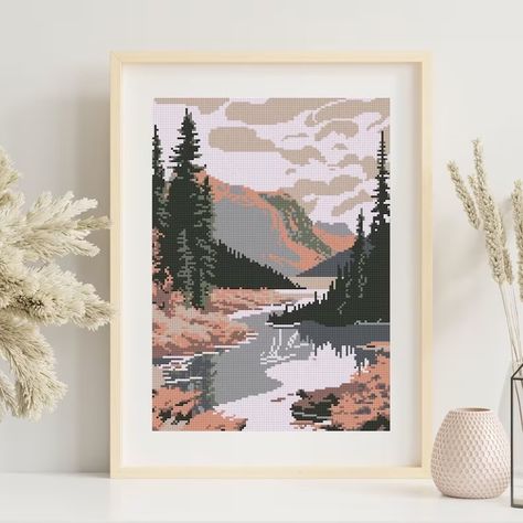 Mountain River Landscape Cross Stitch, Forest Scenery Cross Stitch Pattern Pdf, Landscape Art Needlepoint Design, Wall Art Embroidery Chart - Etsy Cross Stitch Forest, Mountain River Landscape, Forest Scenery, River Landscape, Mountain River, Needlepoint Designs, Colour Pattern, Art Embroidery, Design Wall