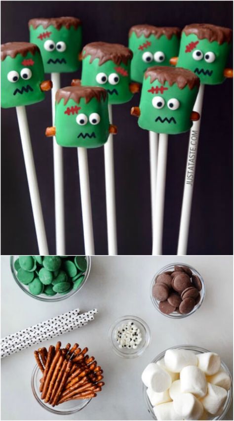 DIY Frankenstein Marshmallow Pops Halloween Chocolate Marshmallows, Frankenstein Marshmallow Pops, Halloween Marshmellow Ideas, Halloween Snacks Marshmallows, Halloween Candy Mold Ideas, Halloween Candy Homemade, Frankenstein Food Ideas, Frankenstein Cake Pops, Frankenstein Smores