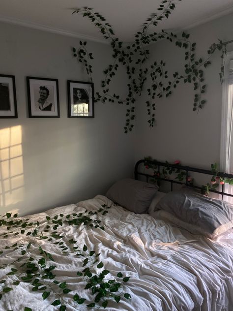 Vines On Bed Frame, Vines Around Bed Frame, Ivy Over Bed, Grid Bedding With Vines, Bed Frame Bedroom Vines, Leaf Vine Room Decor Aesthetic, Apartment Furniture, Cozy Bedroom, Bedroom Makeover