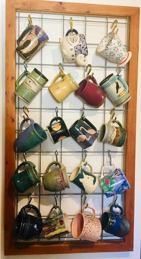 Mugs On Hooks, Mug Collection Display Aesthetic, Vintage Mug Display, Wall Mug Display, Coffee Cup Hangers, Kitchen Coffee Mug Display, Wall Of Mugs, Ways To Display Mugs, Kitchen Mug Storage