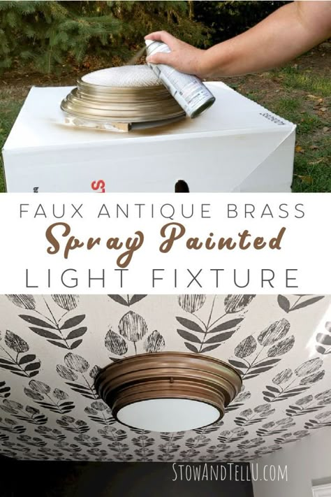 DIY Faux antique brass spray painted light fixture. | 7 Tips for how to spray paint a light fixture. Can You Spray Paint Light Fixtures, Refinish Light Fixture, Antique Bronze Spray Paint, Best Bronze Spray Paint, Aged Brass Spray Paint, Best Brass Spray Paint For Metal, Brass Gold Spray Paint, Diy Antique Brass Finish, How To Paint A Light Fixture