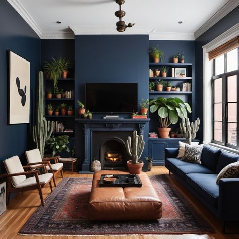 Brooklyn Brownstone interior shots, wide plank wooden floors, cacti and many other plants with floor mah jong
 seating in the livingroom a standing bang and olufsen 
tv and fireplace, overlayed morocan rugs, painted midnight blue Midnight Blue Living Room, Brooklyn Brownstone Interior, Tv And Fireplace, Brownstone Interiors, Navy Furniture, Seattle Interior Design, Walnut Timber, Mah Jong, Shingle Colors