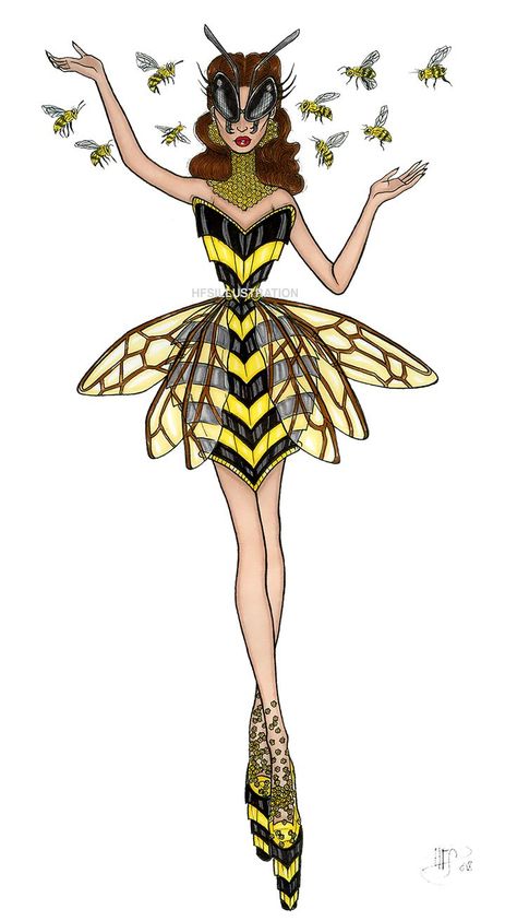 Insect Inspired Dress, Bee Fashion Design, Bee Outfit Drawing, Diy Bee Costume Women, Illustration Dress Design, Costume Design Drawings, Bee Clothes, Bee Outfit, Bee Fashion