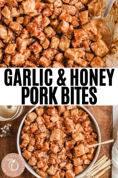 These easy chopped pork bites are smothered in tangy garlic honey sauce with a little kick of spice. The perfect appetizer for any occasion! Gluten-free, paleo, and dairy-free. Dry Garlic Pork Bites, Honey Garlic Pork Bites, Pork Bites Recipes, Garlic Pork Bites, Paleo Pork Chop Recipes, Pork Chop Bites, Paleo Pork Chops, Honey Pork Chops, Honey Garlic Pork