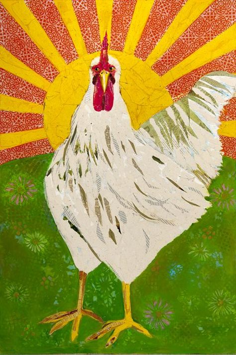 GOOD MORNING SUNSHINE - Darlene Copeland Prater Mixed Media Artist Mixed Media Chicken Art, Rising Sun Flag, Ocean Quilt, Fish Farm, Acrylic Mixed Media, The Rooster, Chicken Art, Chickens And Roosters, Good Morning Sunshine