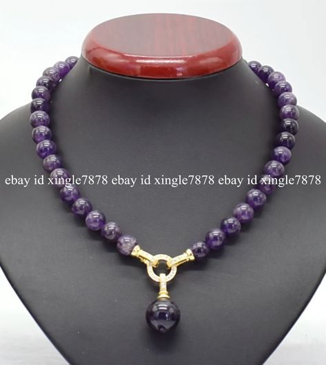 Genuine 10mm Natural Amethyst Round Gemstone Beads Pendant Necklace 20" | eBay Most Beautiful Necklace, Amethyst Beads Necklace Indian, Rose Quartz Beaded Necklace, Jewellery Beads, Sell Jewelry, Stone Bead Jewelry, Necklace Amethyst, Beads Pendant, Purple Necklace