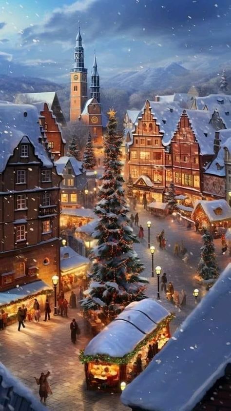 Bloxburg Winter Town, Old Christmas Wallpaper, Christmas Village Background, Christmas Village Wallpaper, Christmas City Lights, Christmas Vacation Ideas, Kawaii Landscape, Christmas Vacation Destinations, Snow Town