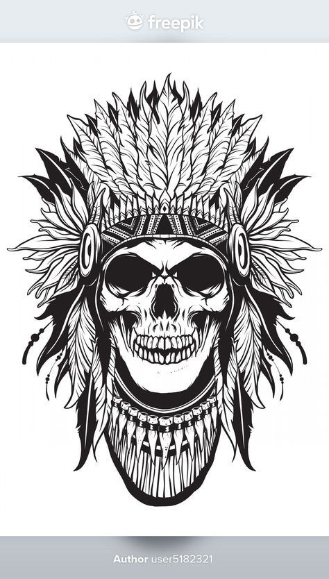 Indian Skull Tattoos, Indian Tattoo Design, Skeleton Warrior, Native Tattoos, Indian Skull, Muster Tattoos, Skull Art Drawing, Aztec Tattoo, Indian Headdress