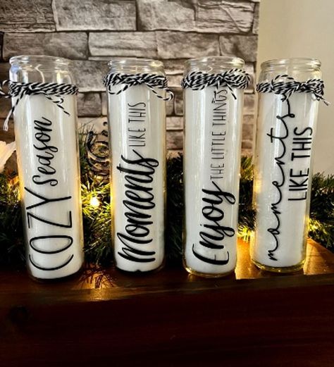 Cricut Candle Ideas, Diy Candle Labels Cricut, Cricut Candle Projects, Candle Sayings, Cricut Candles, Christmas Candle Crafts, Candle Wraps, Joy Candle, Diy Candle Labels