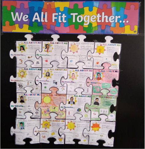 What Makes Me Unique Activity, Puzzle Piece Bulletin Board Ideas, We All Fit Together Puzzle Template, Science About Me, All About Me Puzzle, Classroom Puzzle Pieces Bulletin Boards, Puzzle Piece Bulletin Board, All About Me Puzzle Piece Activity, We All Fit Together