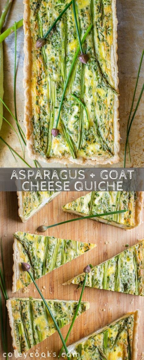 ASPARAGUS + GOAT CHEESE QUICHE | Easy quiche recipe perfect for spring! Easter brunch, mothers day, or just a Sunday at home! Flaky, buttery crust, creamy goat cheese, tender asparagus and perfectly set eggs. #eggs #easy #homemade #quiche #asparagus #goat #crust #cheese #chives #spring #easter #brunch | ColeyCooks.com Spring Quiche Recipes, Asparagus Goat Cheese Quiche, Unique Quiche Recipes, Ostara Food Recipes, Pretty Quiche, Quiche Asparagus, Spring Quiche, Spring Food Ideas, Asparagus Goat Cheese