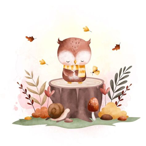 Cute Owl Illustration, Garden With Flowers, Autumn Owl, Autumn Animals, Garden Owl, Illustration Art Kids, Halloween Stories, Owl Illustration, Art Teaching