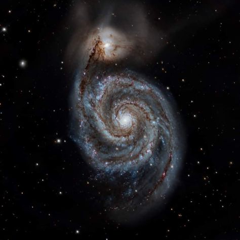 M51 THE WHIRLPOOL GALAXY Image processed by Ronny Jacob, original data from TelescopeLive. M51, also known as the Whirlpool Galaxy, is a spiral galaxy located in the constellation Canes Venatici. It is famous for its distinctive spiral arms and a smaller companion galaxy, interacting through gravitational forces Galaxy Images, Whirlpool Galaxy, Galaxy Pattern, Spiral Galaxy, Image Processing, In Space, Astronomy, Constellations, Collage