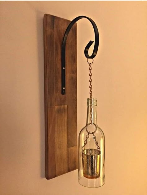 Bottle Lantern, Alcohol Bottle Decorations, Display Ladder, Wine Bottle Lanterns, Brown Glass Bottles, Wood Jewelry Display, Diy Tea, Old Glass Bottles, Diy Light Fixtures