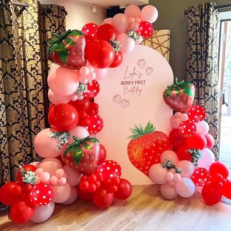 PRICES MAY VARY. 【PERFECT AMOUNT OF BALLOONS FOR AN ARCH】This strawberry balloon arch garland kit comes with everything you need to make a really large balloon arch. it brings accessories like strings, strips and dots glue to install the balloon arch. 【PREMIUM QUALITY】The pastel red orange balloons arch are high quality, strong and don't transparent. They vary in size and color, and are as depicted in the photo. It is a really fun addition and a great photo background area. 【EASY TO ASSEMBLE】The Berry First Balloon Garland, Strawberry Shortcake Balloon Arch, Berry Balloon Arch, Girl Baby Shower Strawberry Theme, Girl Bday Party Themes, Strawberry Baby Shower Ideas, Strawberry Balloon Arch, Strawberry Party Ideas, Strawberry First Birthday Theme