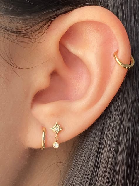 14K Gold Push Flat Back Mini Dangle Diamond Star Earring – KEILA Earrings For Piercings, Double And Cartilage Piercing, Small Cartilage Piercing, Two Piercing Earring Ideas, First Second And Helix Piercing, Helix Piercing And Double Lobe, Ear Piercings Earlobe, Double Love And Helix Piercing, Helix Earrings Stud Cartilage Piercings