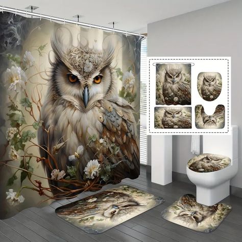 Cool Owl Pattern Shower Curtain Set Waterproof Shower - Temu Owl Bathroom, Owl Pattern, Bathroom Decor Sets, Owl Patterns, Curtain Material, Toilet Lid Cover, Owl Print, Patterned Shower Curtain, Bathroom Set