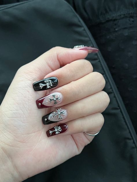 Black And Red Nails With Cross, Black In White Nails, Red Nails And Black Design, Black Nail Designs Cross, Red Nails With Cross Design, Red And Black Cross Nails, Gothic Red And Black Nails, Black And Red Nails With Gems, Black Silver Red Nails