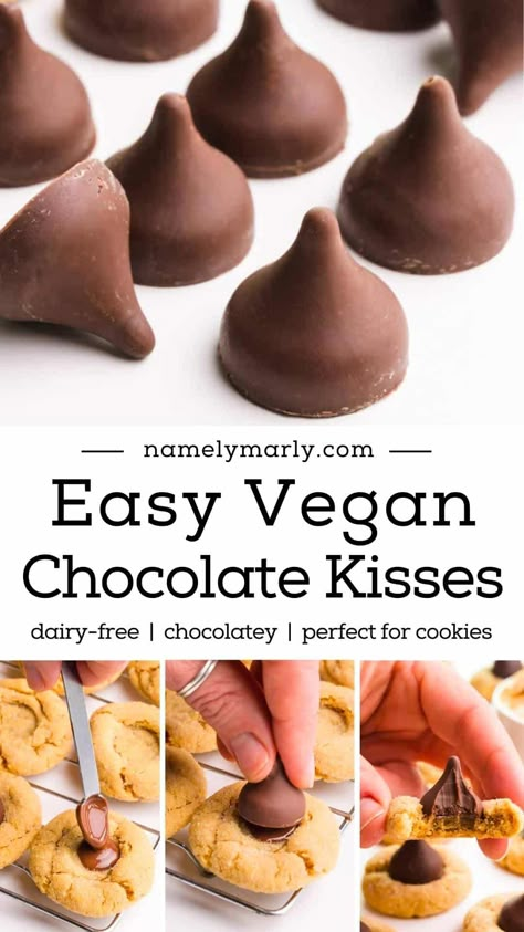 These vegan Hershey kisses are rich chocolate candies you can serve plain or on top of your favorite chewy peanut butter cookies. #vegankisses #veganchocolate #namelymarly Alpha Gal, Lunchbox Recipes, Vegan Candy, Vegan Baking Recipes, Chewy Peanut Butter Cookies, Vegan Christmas Recipes, Vegan Candies, Vegan Holiday, Chocolate Candies