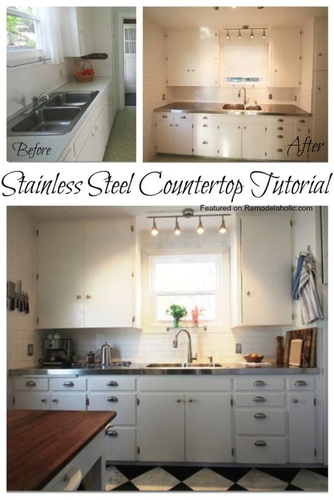 Remodelaholic | Affordable Stainless Steel Countertops; DIY Steel Countertops, Stainless Steel Countertop, Countertops Diy, Steel Countertop, Replacing Kitchen Countertops, Kitchen Remodel Countertops, Diy Kitchen Countertops, Stainless Steel Counters, New Countertops