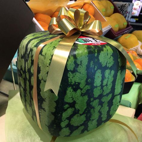 Square Watermelon  Wrapped in a bow, ready to go. Fruit Basket Watermelon, Square Watermelon, Watermelon Gift, Nuts And Seeds, Processed Food, Miyazaki, Asia Travel, Plant Based Recipes, Plant Based