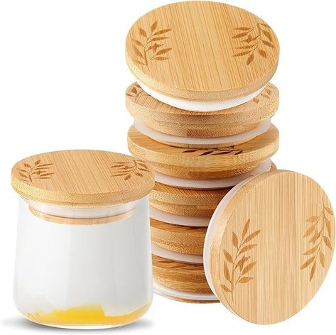 Amazon.com: Tessco 18 Pcs Yogurt Jar Lids Set Bamboo Jar Lids Wooden Lids Compatible with Oui Yogurt Jars Round Reusable Canning Lids Covers for Yogurt Jars with Silicone Sealing Rings for Yogurt Food Storage : Home & Kitchen Oui Yogurt, Yogurt Jars, Canning Lids, Jar Lids, Kitchen Storage Organization, Kitchen Bar, Leaf Pattern, Food Storage, Yogurt