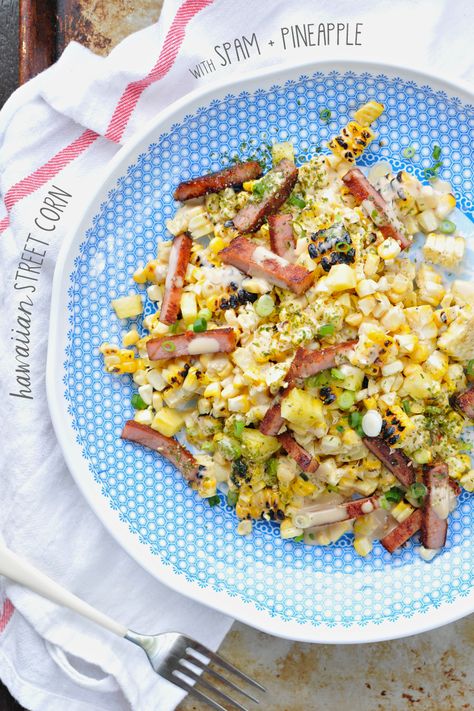 Hawaiian Street Corn with SPAM + Pineapple | www.thepigandquill.com |#glutenfree #summer #recipe Hawaiian Corn, Spam Pineapple, Spam Recipes, Salad Salad, Summer Recipe, Mexican Street Corn, Hawaiian Food, Street Corn, Mexican Street