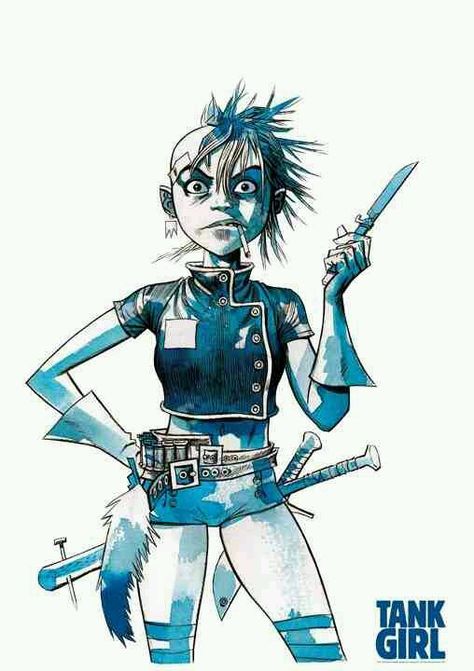 Jamie Hewlett (best known for Tank Girl and the gorillaz artwork) is inspiring. His work is in the style of a comic book. He doodles a lot and i like that in an artist. Tank Girl Art, Tank Girl Comic, Jamie Hewlett Art, Gorillaz Art, Jamie Hewlett, Blog Art, Damon Albarn, 17th Century Art, Girl Posters