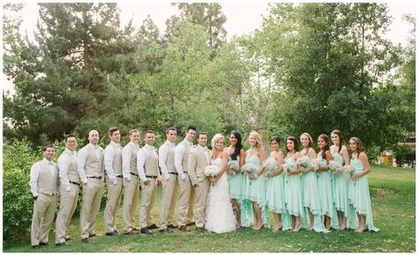 mint green wedding...we gotta find you vests Ivory Bridal Party, Green And Cream Wedding, Mint Green Bridesmaid Dresses, Wedding Mint Green, Tan Wedding, Sweet Mint, Bridesmaid Ideas, Cream Wedding, Mint Wedding