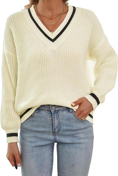 BEST v Neck Striped Sweater for Women Affordable Classic Women's V-neck Sweater, Affordable Cozy V-neck Sweater, Striped Long Sleeve V-neck Sweater For Winter, Fitted Striped V-neck Sweater, Winter Striped Long Sleeve V-neck Sweater, Slim Sweater, Pullover Outfit, Stripe Sweater, Vneck Sweater