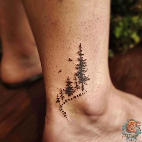 From the Mountains to the Skin: Unique Appalachian Trail Tattoo Inspiration: 95 Designs - inktat2.com Mountain Tattoo With Bear, Nature Tattoos Ankle, Forest Leg Tattoos Women, Nature Lover Tattoos For Women, Simple Forest Tattoo Women, Washington Mountain Tattoo, Walking Path Tattoo Ideas, Trail Runner Tattoo, Tattoo Ideas Nature Outdoor